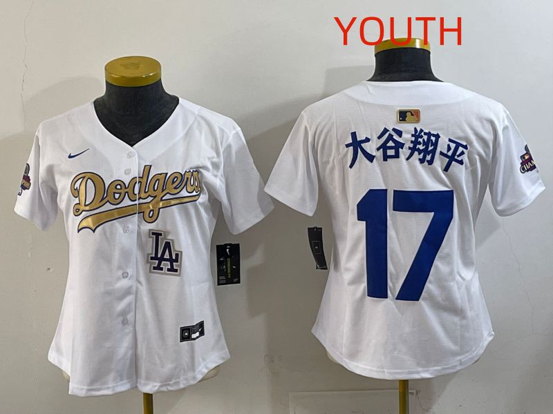 Youth Los Angeles Dodgers #17 Ohtani White Champion edition Nike MLB Jersey style 006